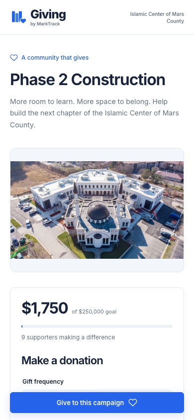 The same campaign on a phone, with a responsive donation form.