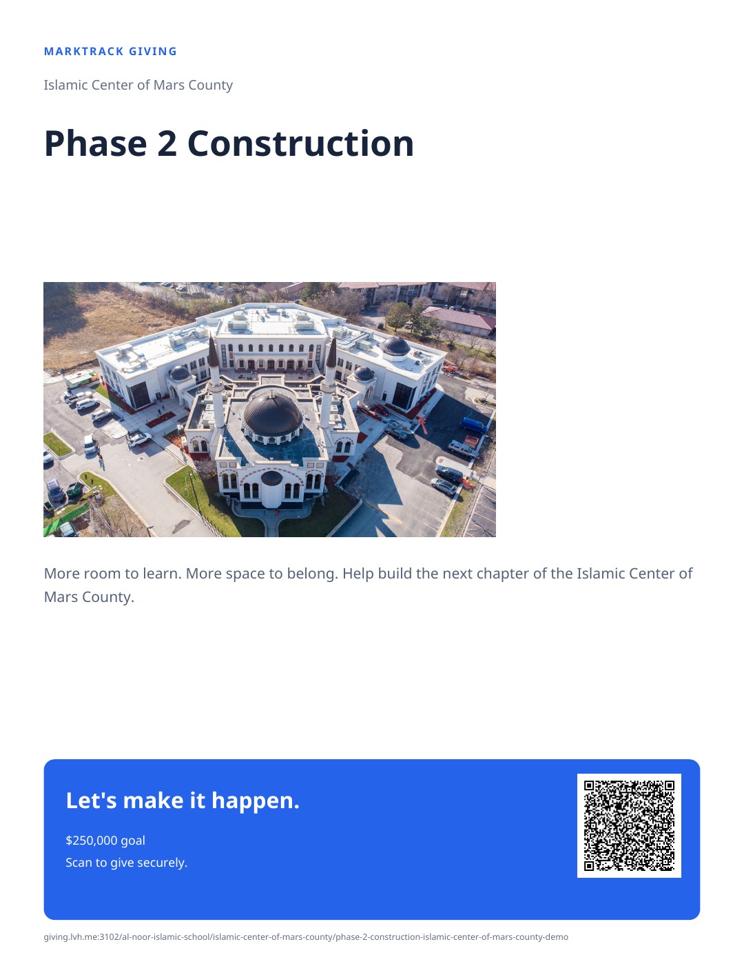 A printable flyer generated by Giving for the sample Islamic center construction campaign.