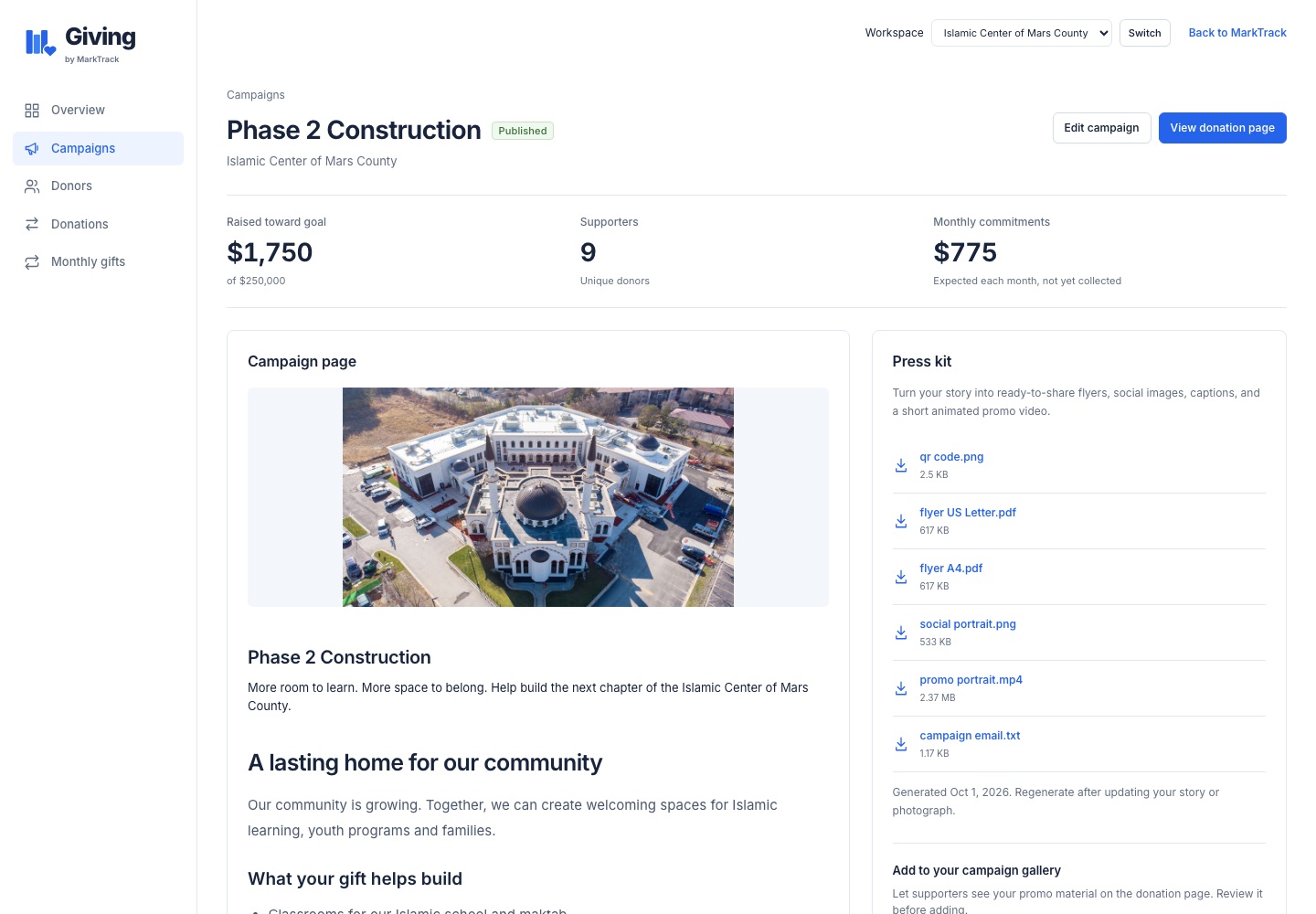 Actual Giving administration page with generated press-kit download links